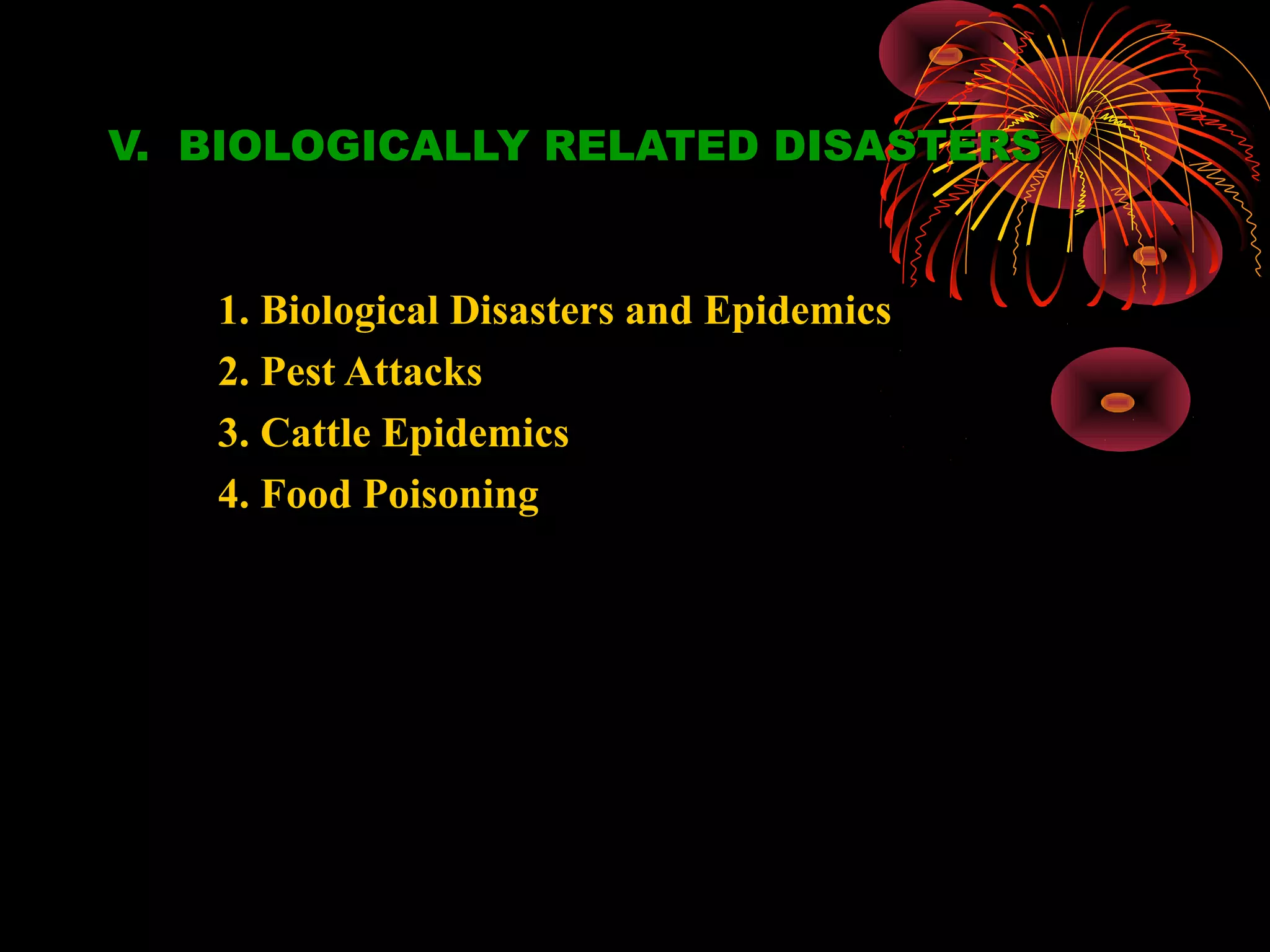 V. BIOLOGICALLY RELATED DISASTERS


   1. Biological Disasters and Epidemics
   2. Pest Attacks
   3. Cattle Epidemics
   4. Food Poisoning
 