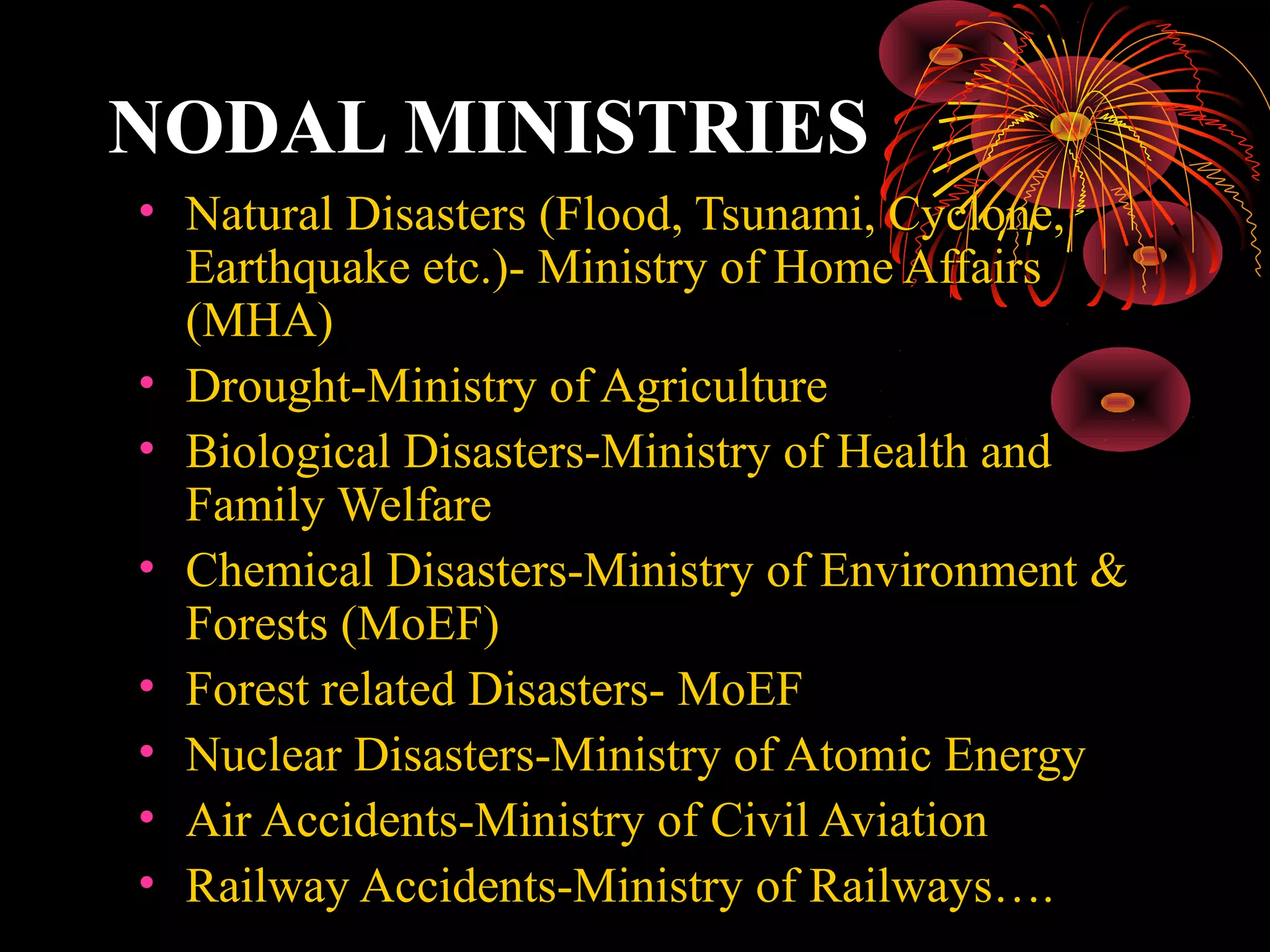NODAL MINISTRIES
• Natural Disasters (Flood, Tsunami, Cyclone,
  Earthquake etc.)- Ministry of Home Affairs
  (MHA)
• Drought-Ministry of Agriculture
• Biological Disasters-Ministry of Health and
  Family Welfare
• Chemical Disasters-Ministry of Environment &
  Forests (MoEF)
• Forest related Disasters- MoEF
• Nuclear Disasters-Ministry of Atomic Energy
• Air Accidents-Ministry of Civil Aviation
• Railway Accidents-Ministry of Railways….
 