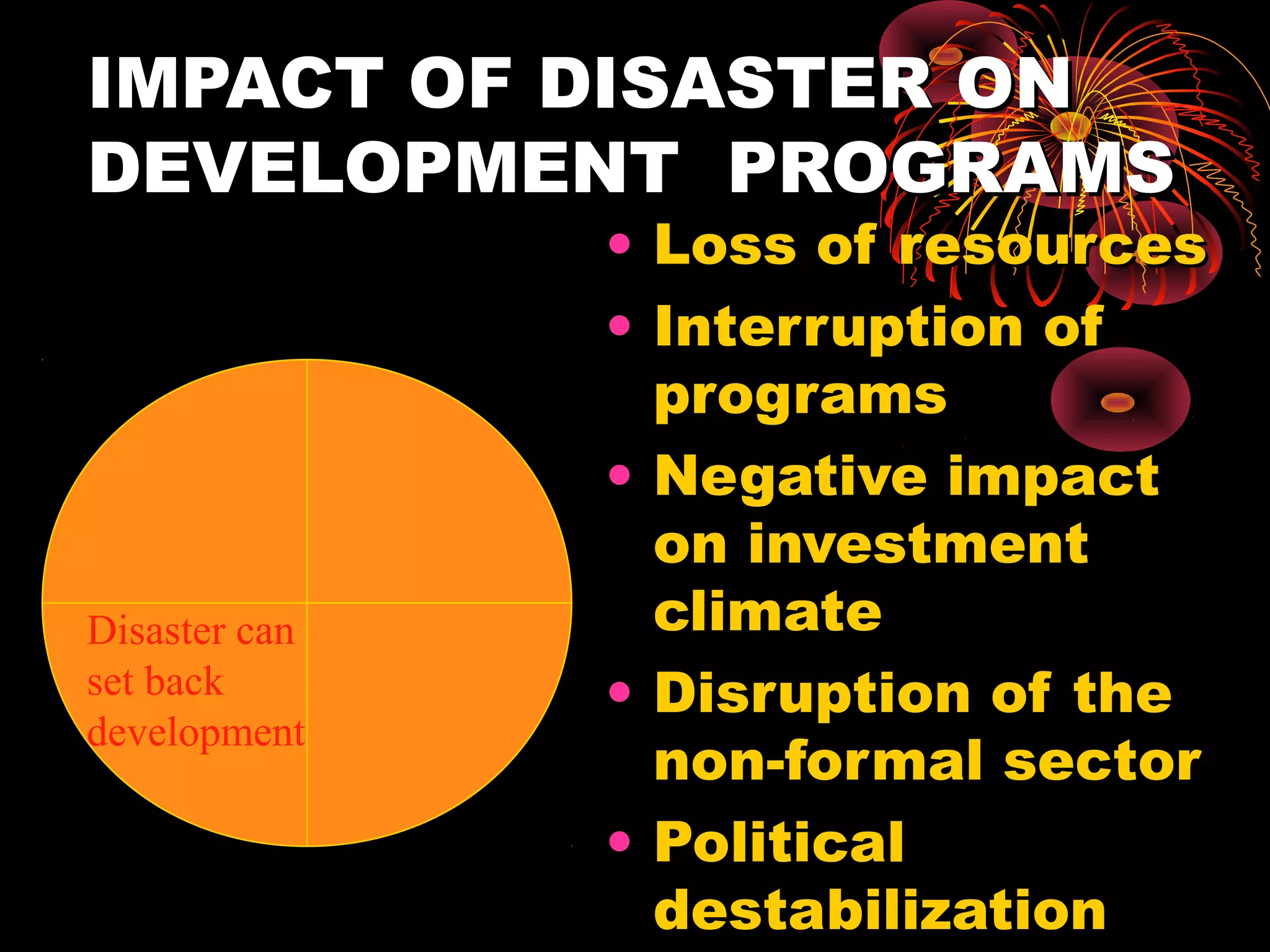 IMPACT OF DISASTER ON
DEVELOPMENT PROGRAMS
               • Loss of resources
               • Interruption of
                 programs
               • Negative impact
                 on investment
Disaster can     climate
set back       • Disruption of the
development
                 non-formal sector
               • Political
                 destabilization
 