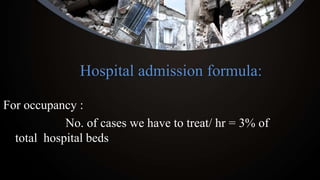 Hospital admission formula:
For occupancy :
No. of cases we have to treat/ hr = 3% of
total hospital beds
 