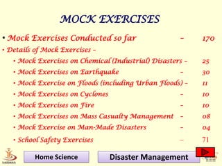 MOCK EXERCISES
• Mock Exercises Conducted so far                    –     170
• Details of Mock Exercises –
   • Mock Exercises on Chemical (Industrial) Disasters –   25
   • Mock Exercises on Earthquake                    –     30
   • Mock Exercise on Floods (including Urban Floods) –    11
   • Mock Exercises on Cyclones                      –     10
   • Mock Exercises on Fire                          –     10
   • Mock Exercises on Mass Casualty Management      –     08
   • Mock Exercise on Man-Made Disasters             –     04

   • School Safety Exercises                         –     71

          Home Science            Disaster Management
 