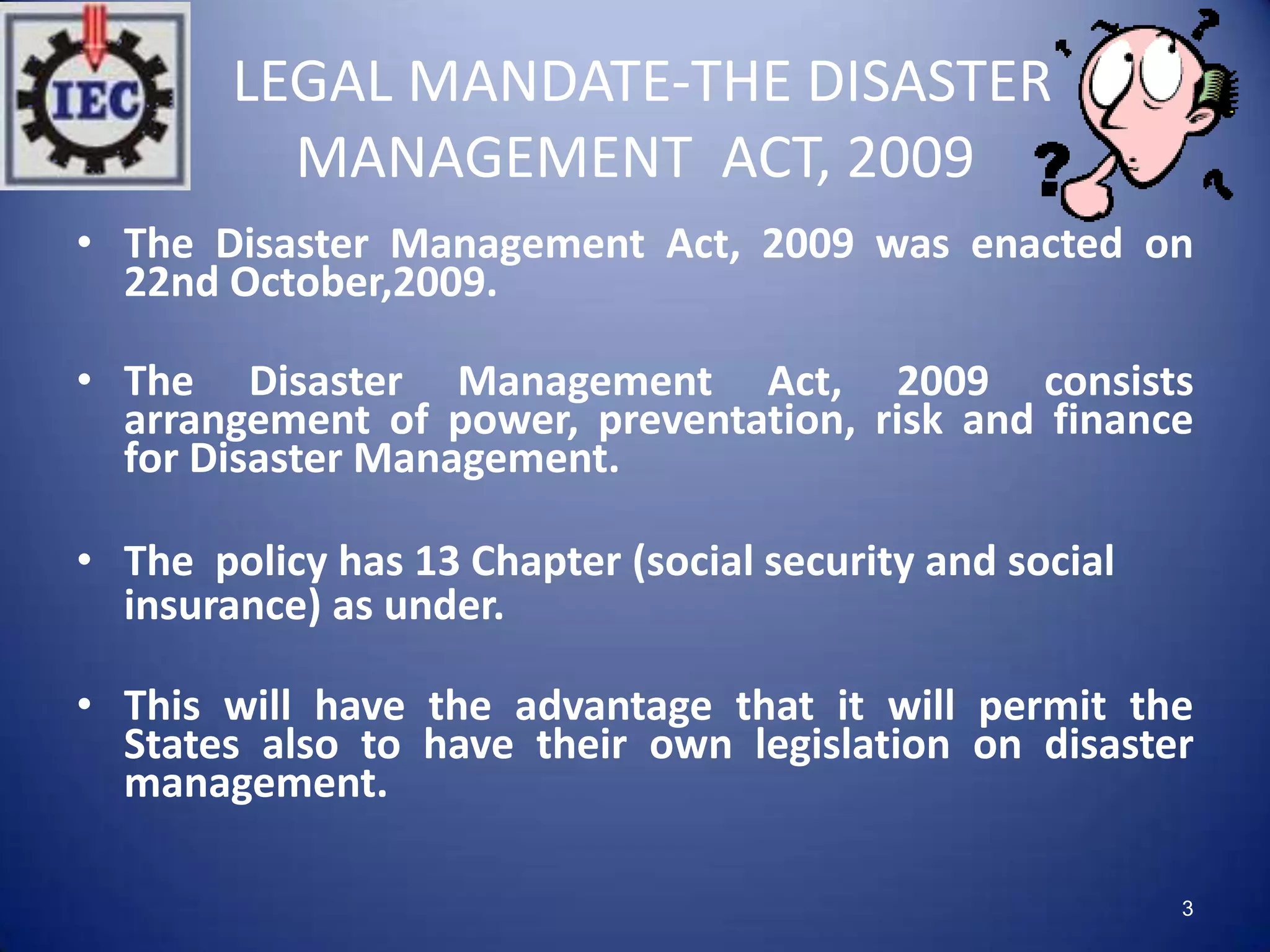NATIONAL POLICY ON DISASTER MANAGEMENT 2009 NOTES visual data 8