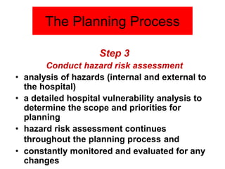 Step 3
Conduct hazard risk assessment
• analysis of hazards (internal and external to
the hospital)
• a detailed hospital vulnerability analysis to
determine the scope and priorities for
planning
• hazard risk assessment continues
throughout the planning process and
• constantly monitored and evaluated for any
changes
The Planning Process
 