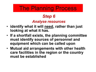 Step 6
Analyse resources
• identify what it will need, rather than just
looking at what it has.
• If a shortfall exists, the planning committee
must identify sources of personnel and
equipment which can be called upon
• Mutual aid arrangements with other health
care facilities in the region or the country
must be established
The Planning Process
 