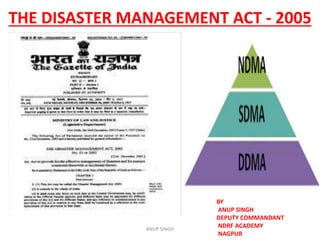 THE DISASTER MANAGEMENT ACT - 2005
BY
ANUP SINGH
DEPUTY COMMANDANT
NDRF ACADEMY
NAGPUR
ANUP SINGH
 