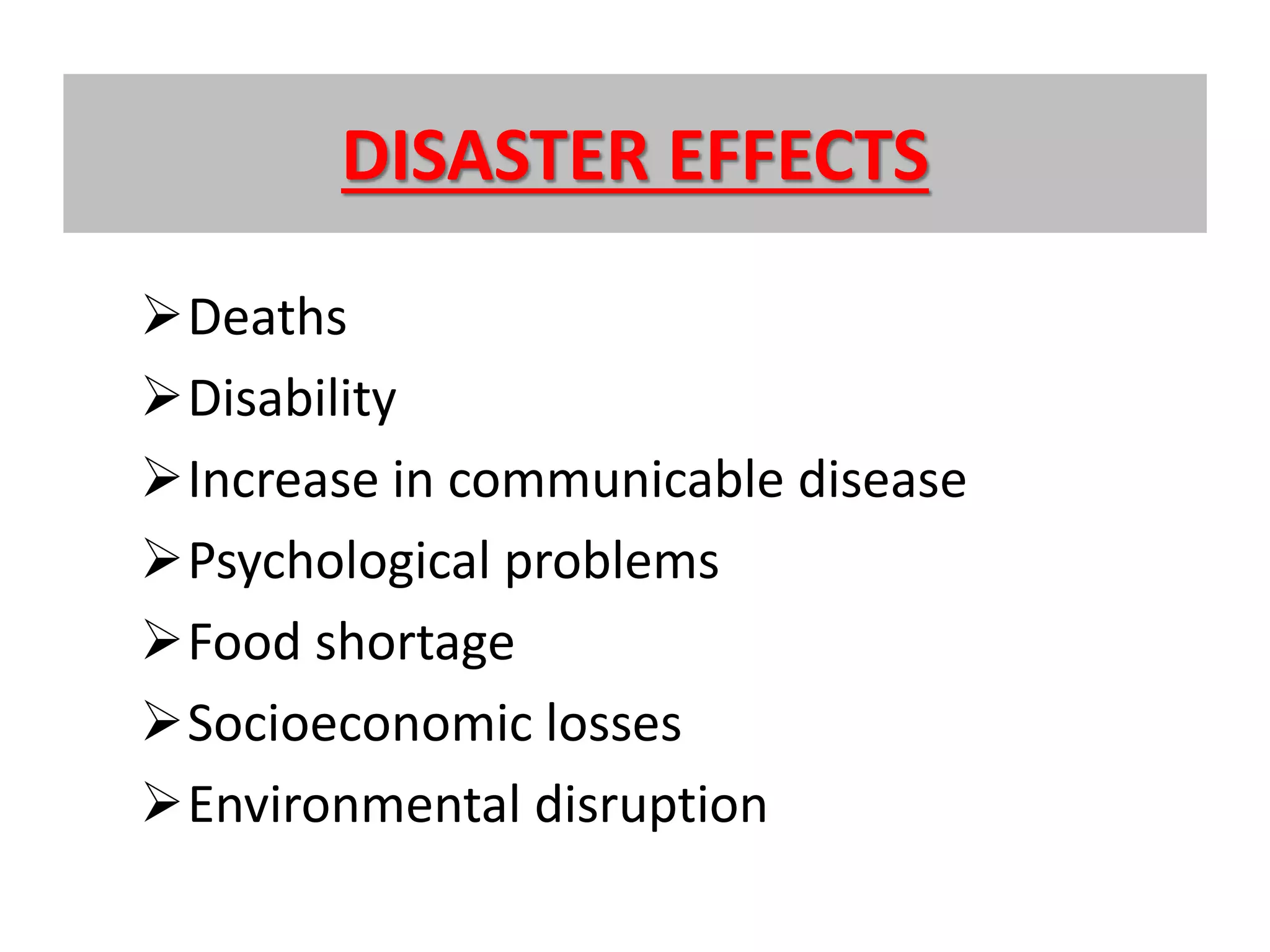 DISASTER EFFECTS
Deaths
Disability
Increase in communicable disease
Psychological problems
Food shortage
Socioeconomic losses
Environmental disruption
 