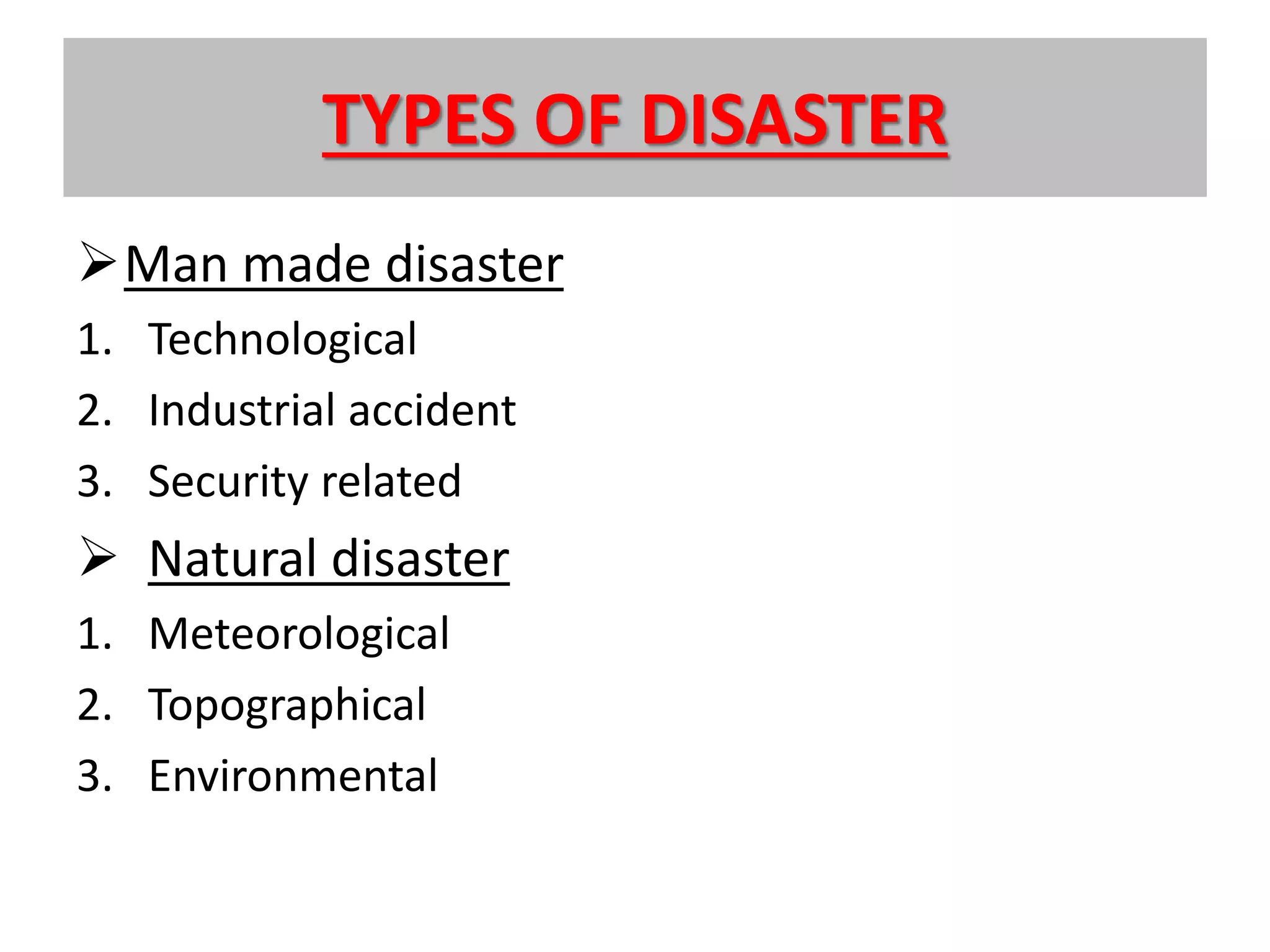 TYPES OF DISASTER
Man made disaster
1. Technological
2. Industrial accident
3. Security related
 Natural disaster
1. Meteorological
2. Topographical
3. Environmental
 