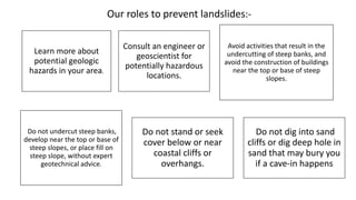 Our roles to prevent landslides:-
Learn more about
potential geologic
hazards in your area.
Consult an engineer or
geoscientist for
potentially hazardous
locations.
Avoid activities that result in the
undercutting of steep banks, and
avoid the construction of buildings
near the top or base of steep
slopes.
Do not undercut steep banks,
develop near the top or base of
steep slopes, or place fill on
steep slope, without expert
geotechnical advice.
Do not stand or seek
cover below or near
coastal cliffs or
overhangs.
Do not dig into sand
cliffs or dig deep hole in
sand that may bury you
if a cave-in happens
 