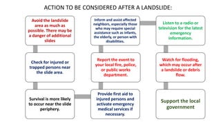 ACTION TO BE CONSIDERED AFTER A LANDSLIDE:
Avoid the landslide
area as much as
possible. There may be
a danger of additional
slides
Check for injured or
trapped persons near
the slide area.
Survival is more likely
to occur near the slide
periphery.
Provide first aid to
injured persons and
activate emergency
medical services if
necessary.
Report the event to
your local fire, police,
or public works
department.
Inform and assist affected
neighbors, especially those
who may require special
assistance such as infants,
the elderly, or person with
disabilities.
Listen to a radio or
television for the latest
emergency
information.
Watch for flooding,
which may occur after
a landslide or debris
flow.
Support the local
government
 