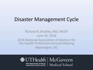 Disaster Management Cycle
Richard N. Bradley, MD, FACEP
June 29, 2018
2018 National Association of Advisors for
the Health Professions Annual Meeting
Washington, DC
 