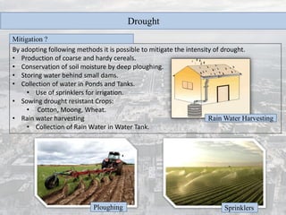 Drought
By adopting following methods it is possible to mitigate the intensity of drought.
• Production of coarse and hardy cereals.
• Conservation of soil moisture by deep ploughing.
• Storing water behind small dams.
• Collection of water in Ponds and Tanks.
• Use of sprinklers for irrigation.
• Sowing drought resistant Crops:
• Cotton, Moong, Wheat.
• Rain water harvesting
• Collection of Rain Water in Water Tank.
Mitigation ?
Ploughing Sprinklers
Rain Water Harvesting
 