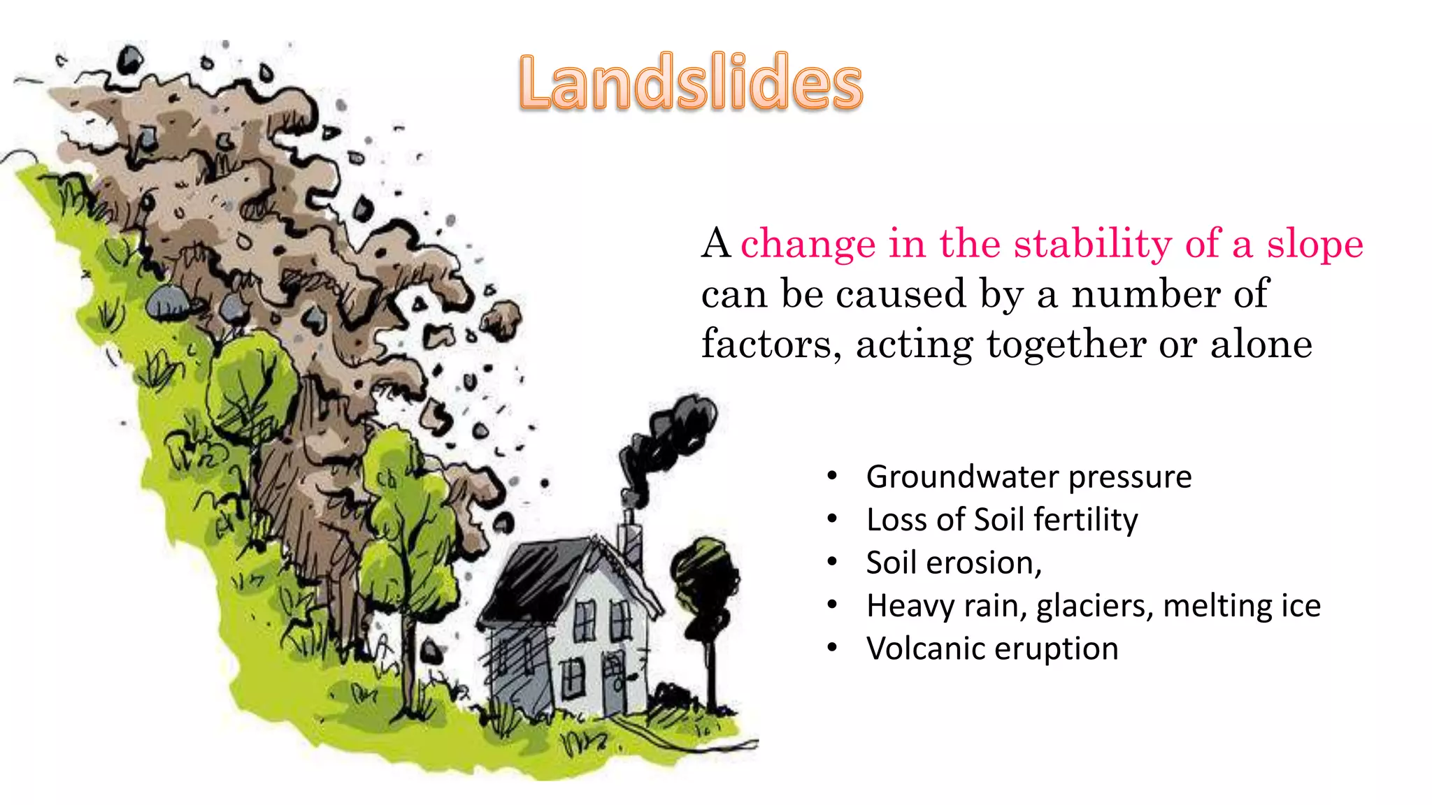 A change in the stability of a slope
can be caused by a number of
factors, acting together or alone
• Groundwater pressure
• Loss of Soil fertility
• Soil erosion,
• Heavy rain, glaciers, melting ice
• Volcanic eruption
 