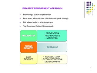 Promoting a culture of prevention
 Multi level , Multi-sectoral and Multi discipline synergy
 DM related skills to all stakeholders
 Top Down and Bottom Up Approach
DISASTER MANAGEMENT APPROACH
• PREVENTION
• PREPRADNESS
• MITIGATION
• REHABILITAION
• RECONSTRUCTION
• DEVELOPMENT
POST
DISATSER
4
 