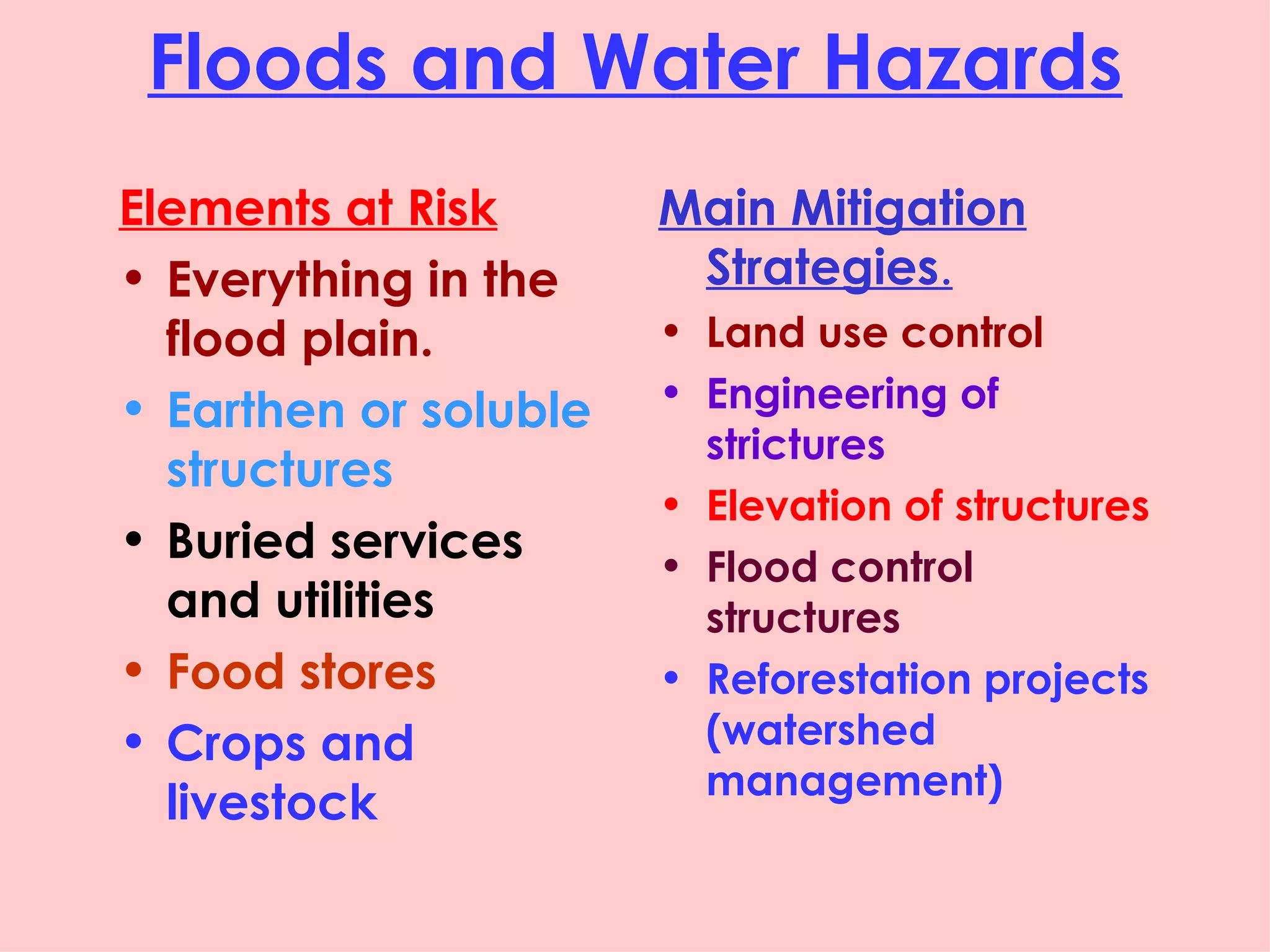 Floods and Water Hazards Elements at Risk Everything in the flood plain. Earthen or soluble structures Buried services and utilities Food stores Crops and livestock Main Mitigation Strategies . Land use control Engineering of strictures Elevation of structures Flood control structures Reforestation projects (watershed management) 