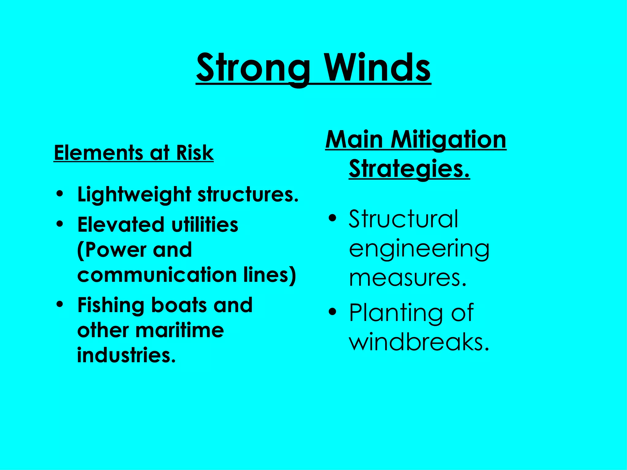 Strong Winds Elements at Risk Lightweight structures. Elevated utilities (Power and communication lines) Fishing boats and other maritime industries. Main Mitigation Strategies. Structural engineering measures. Planting of windbreaks. 