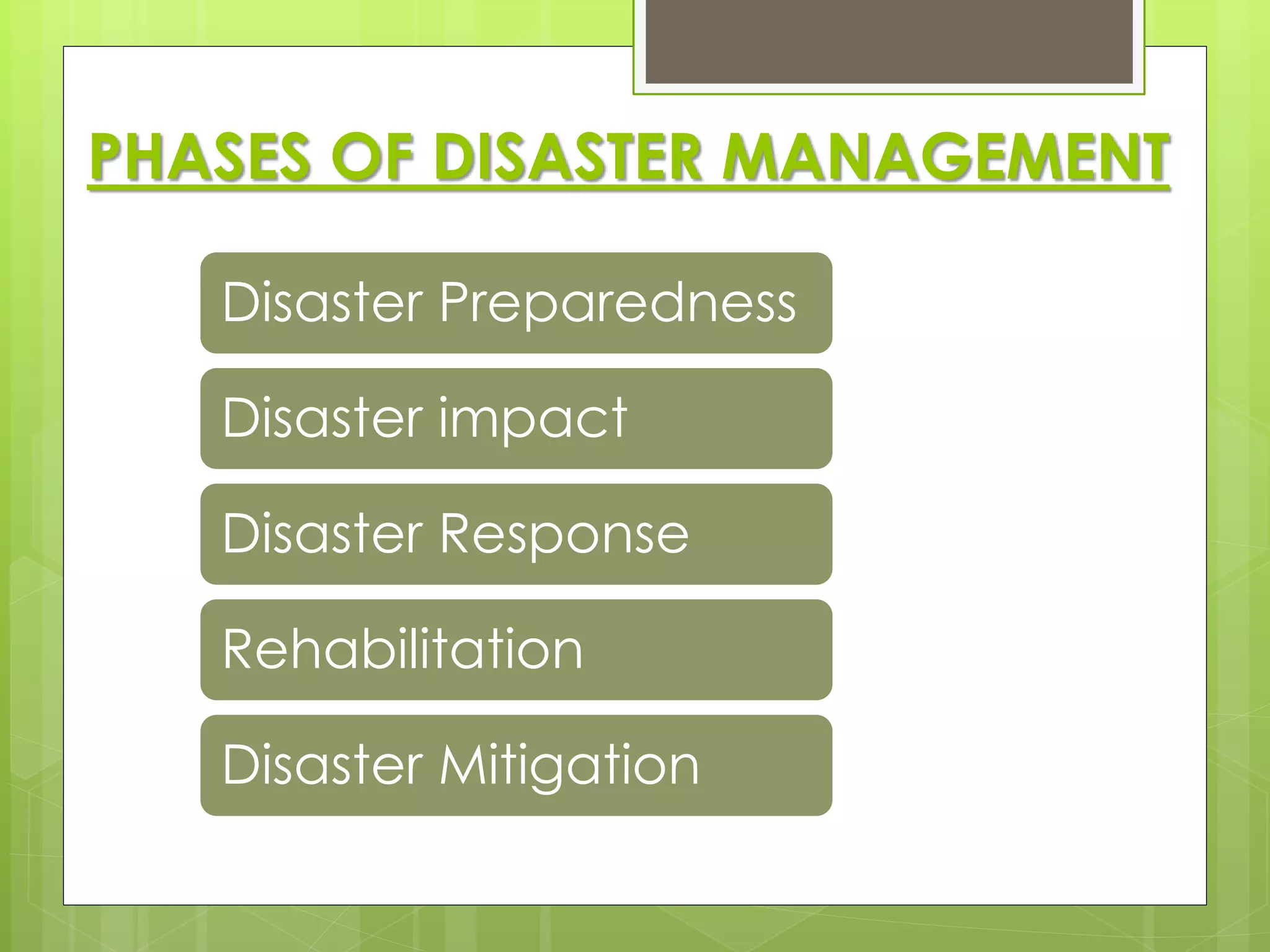 PHASES OF DISASTER MANAGEMENT 
Disaster Preparedness 
Disaster impact 
Disaster Response 
Rehabilitation 
Disaster Mitigation 
 