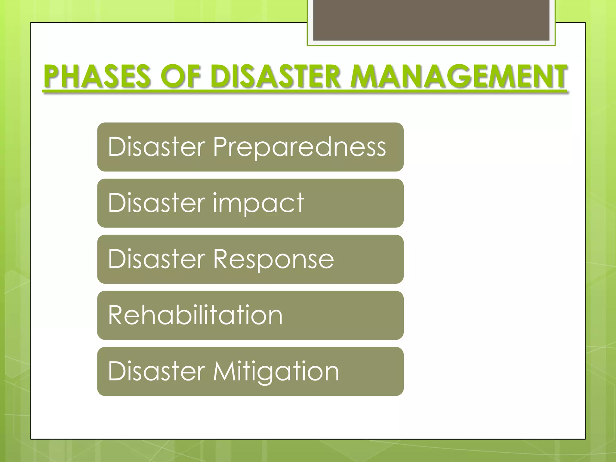 PHASES OF DISASTER MANAGEMENT

   Disaster Preparedness

   Disaster impact

   Disaster Response

   Rehabilitation

   Disaster Mitigation
 