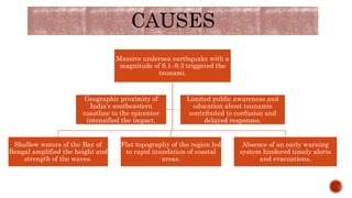CAUSES
Massive undersea earthquake with a
magnitude of 9.1–9.3 triggered the
tsunami.
Shallow waters of the Bay of
Bengal amplified the height and
strength of the waves.
Flat topography of the region led
to rapid inundation of coastal
areas.
Absence of an early warning
system hindered timely alerts
and evacuations.
Geographic proximity of
India's southeastern
coastline to the epicenter
intensified the impact.
Limited public awareness and
education about tsunamis
contributed to confusion and
delayed responses.
 