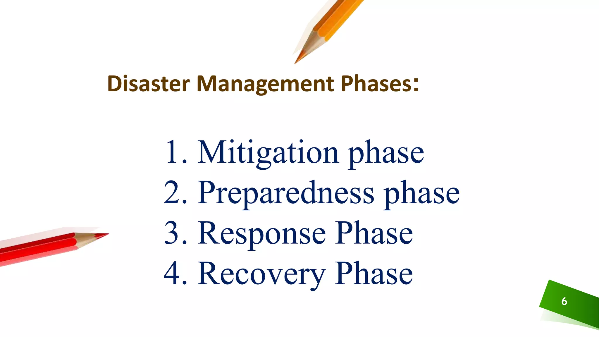 6
Disaster Management Phases:
1. Mitigation phase
2. Preparedness phase
3. Response Phase
4. Recovery Phase
 