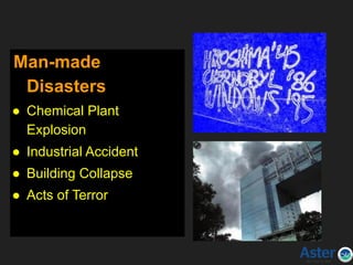 Man-made Disasters
Man-made
Disasters
● Chemical Plant
Explosion
● Industrial Accident
● Building Collapse
● Acts of Terror
 
