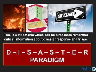 D – I – S – A – S – T – E – R
PARADIGM
This is a mnemonic which can help rescuers remember
critical information about disaster response and triage
 