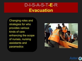 D-I-S-A-S-T-E-R
Evacuation
Changing roles and
strategies for who
provides various
kinds of care
enhancing the scope
of nurses, nursing
assistants and
paramedics
 