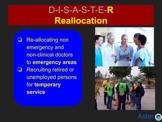 ❏ Re-allocating non
emergency and
non-clinical doctors
to emergency areas
❏ Recruiting retired or
unemployed persons
for temporary
service
D-I-S-A-S-T-E-R
Reallocation
 