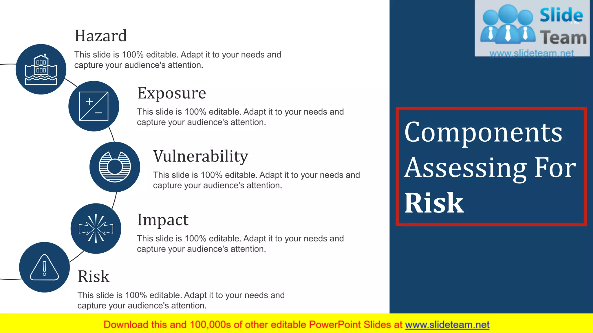Vulnerability
This slide is 100% editable. Adapt it to your needs and
capture your audience's attention.
Hazard
This slide is 100% editable. Adapt it to your needs and
capture your audience's attention.
Impact
This slide is 100% editable. Adapt it to your needs and
capture your audience's attention.
Exposure
This slide is 100% editable. Adapt it to your needs and
capture your audience's attention.
Risk
This slide is 100% editable. Adapt it to your needs and
capture your audience's attention.
Components
Assessing For
Risk
12
 