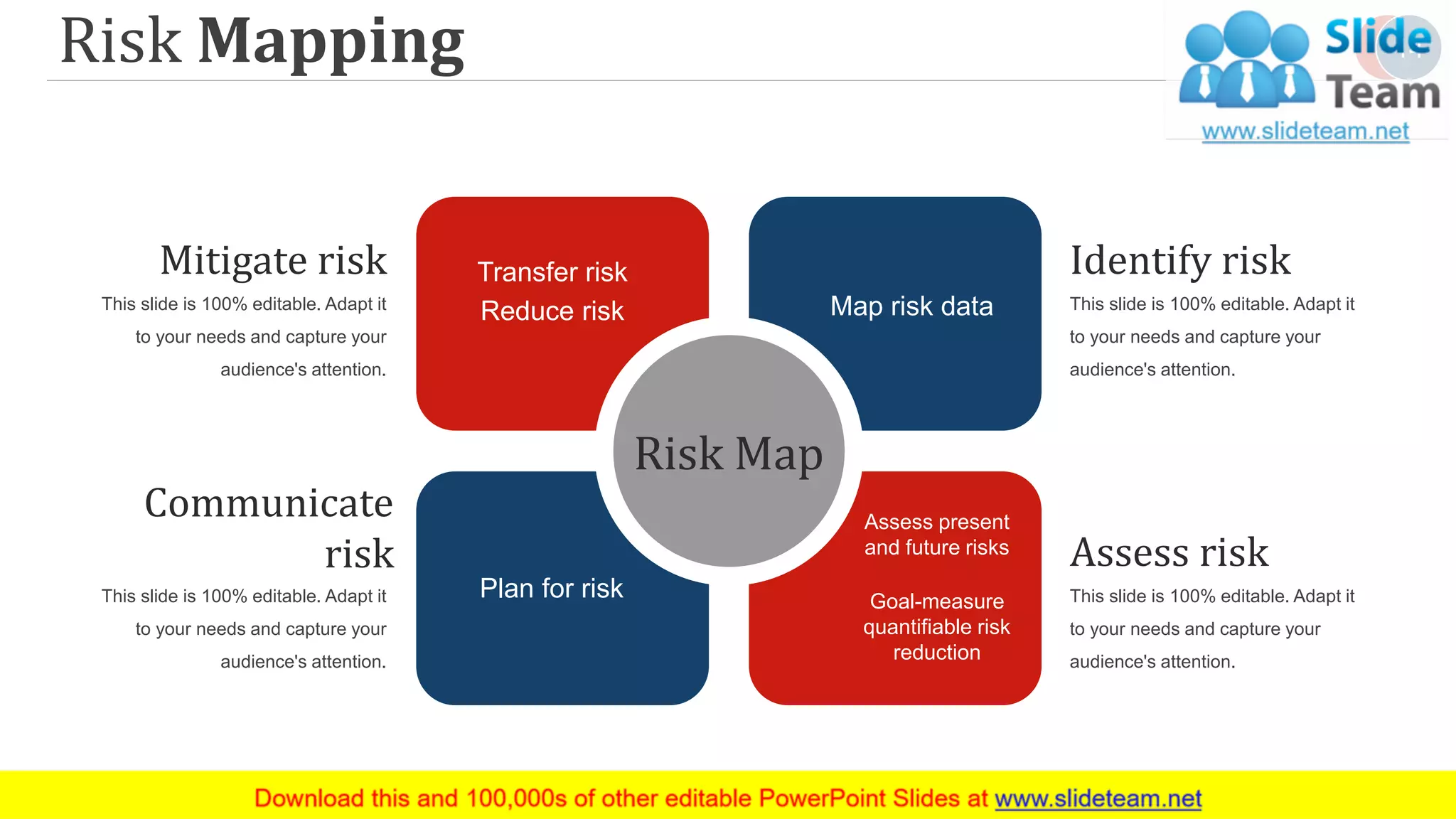 Risk Mapping 14
Risk Map
Map risk dataReduce risk
Plan for risk
Assess present
and future risks
Goal-measure
quantifiable risk
reduction
Transfer risk
This slide is 100% editable. Adapt it
to your needs and capture your
audience's attention.
Assess risk
This slide is 100% editable. Adapt it
to your needs and capture your
audience's attention.
Identify risk
This slide is 100% editable. Adapt it
to your needs and capture your
audience's attention.
Communicate
risk
This slide is 100% editable. Adapt it
to your needs and capture your
audience's attention.
Mitigate risk
 