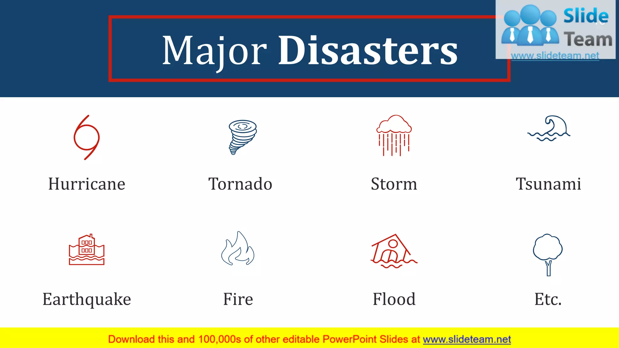 Major Disasters
Hurricane
Earthquake
Storm
Flood Etc.
Tornado Tsunami
Fire
16
 