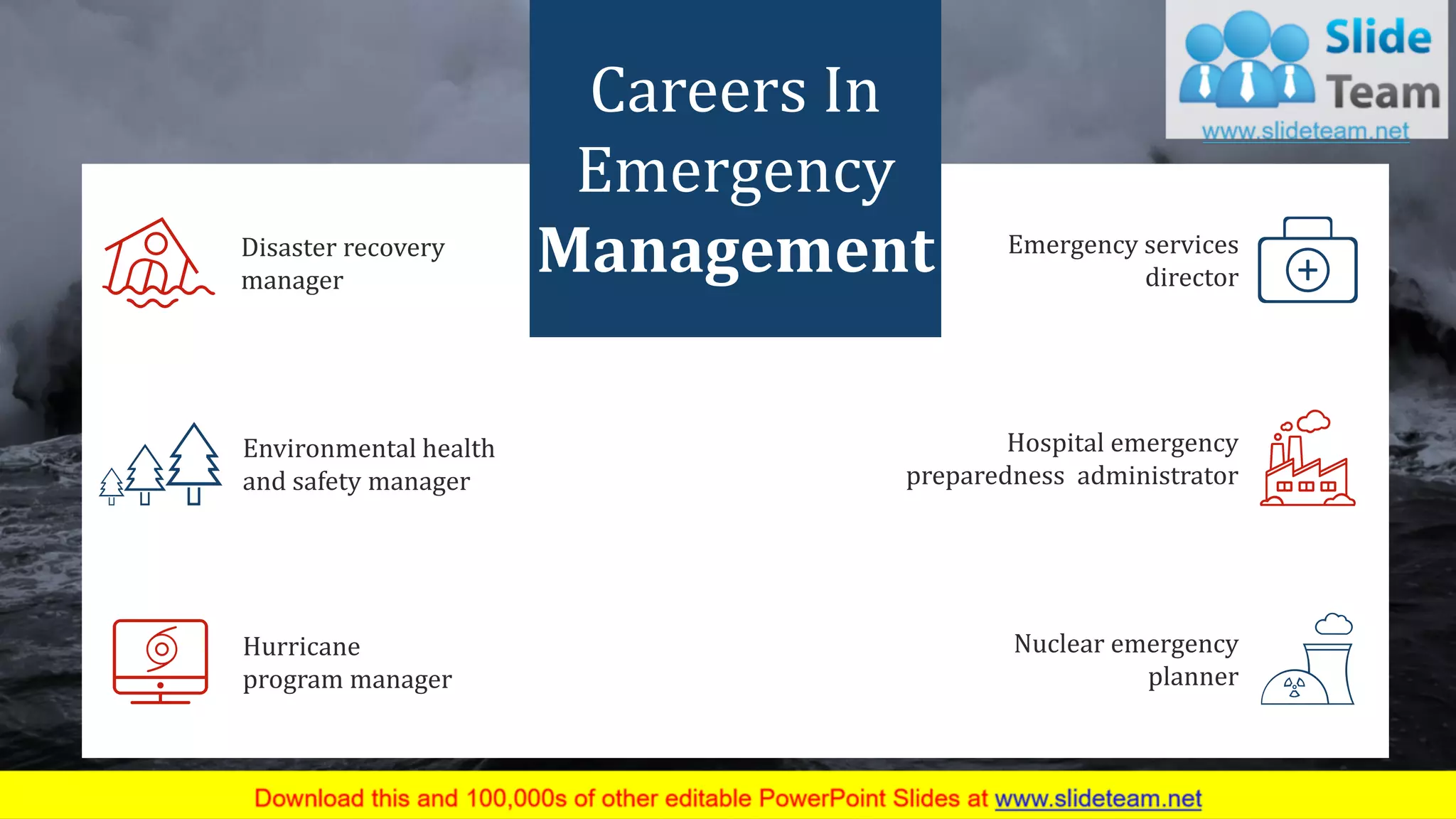 33
Disaster recovery
manager
Environmental health
and safety manager
Hurricane
program manager
Emergency services
director
Hospital emergency
preparedness administrator
Nuclear emergency
planner
Careers In
Emergency
Management
 