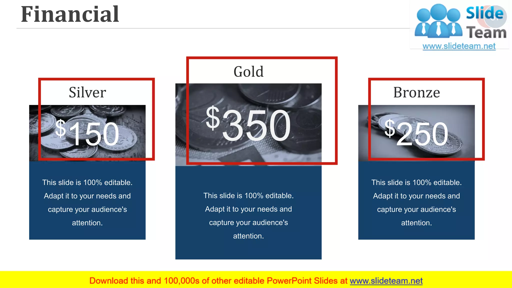 Financial 57
$150
This slide is 100% editable.
Adapt it to your needs and
capture your audience's
attention.
Silver
$350
This slide is 100% editable.
Adapt it to your needs and
capture your audience's
attention.
Gold
$250
This slide is 100% editable.
Adapt it to your needs and
capture your audience's
attention.
Bronze
 