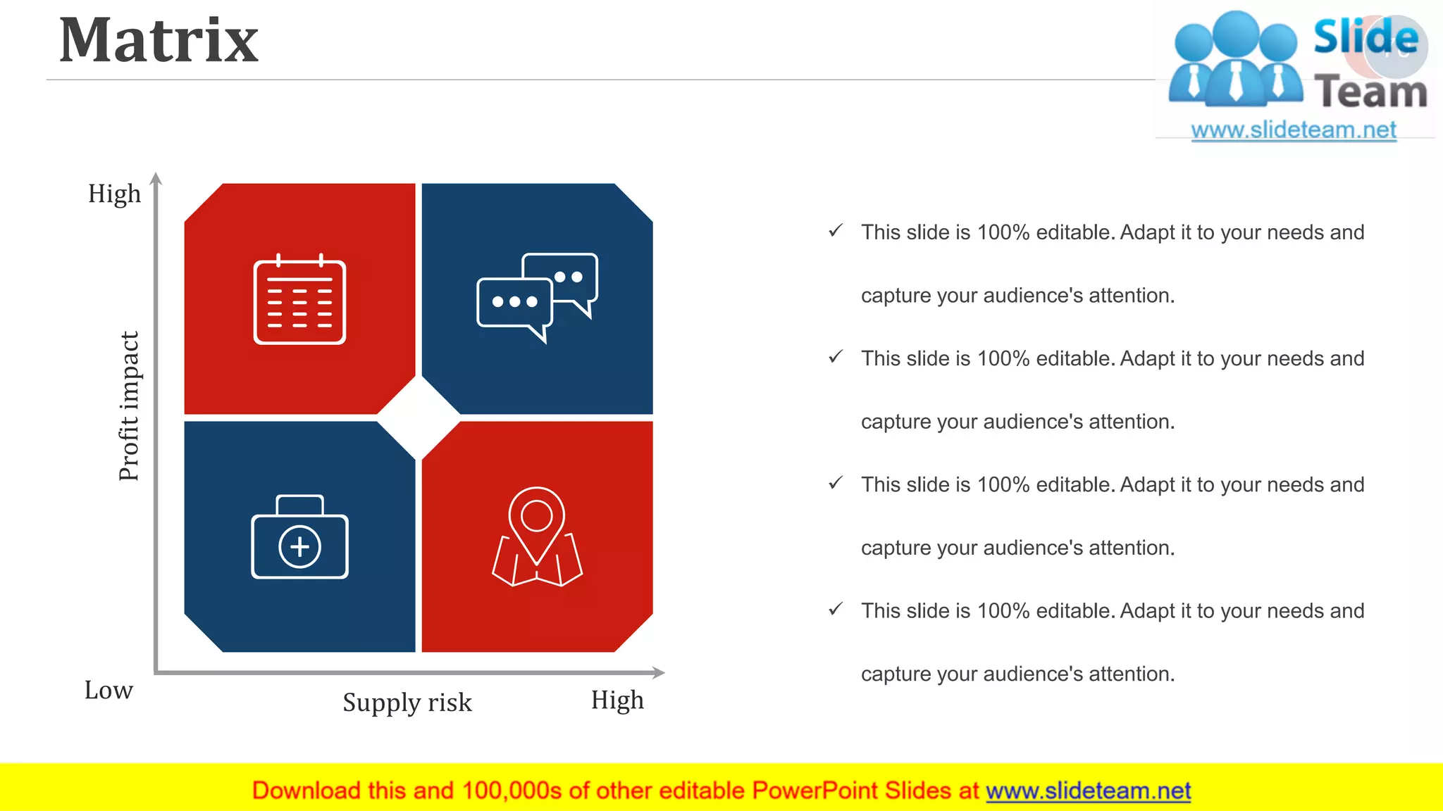Matrix 70
✓ This slide is 100% editable. Adapt it to your needs and
capture your audience's attention.
✓ This slide is 100% editable. Adapt it to your needs and
capture your audience's attention.
✓ This slide is 100% editable. Adapt it to your needs and
capture your audience's attention.
✓ This slide is 100% editable. Adapt it to your needs and
capture your audience's attention.
High
High
Low
Profitimpact
Supply risk
 
