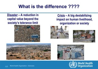 World Health Organization - Indonesia
10 |
What is the difference ????
Disaster – A reduction in
capital value beyond the
society’s tolerance limit
Crisis – A big destabilizing
impact on human livelihood,
organization or society
 