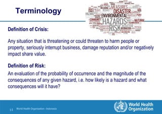 World Health Organization - Indonesia
9 |
Terminology
Definition of Crisis:
Any situation that is threatening or could threaten to harm people or
property, seriously interrupt business, damage reputation and/or negatively
impact share value.
Definition of Risk:
An evaluation of the probability of occurrence and the magnitude of the
consequences of any given hazard, i.e. how likely is a hazard and what
consequences will it have?
 