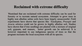 Reclaimed with extreme difficulty
Wasteland that are reclaimed with extreme difficulty can be used for
forestry or to recreate natural ecosystem. Attempts to grow trees in
highly non alkaline saline soils have been largely unsuccessful. Field
experiments have shown that species like Eucalyptus, Prosopis and
Acacia nilotica could not be grown in highly alkaline soil. Studies
have shown that if tree seedlings are planted with a mixture of original
soil, gypsum, and manure, better growth can be achieved. It is
however important to use indigenous species of trees so that the
program recreates the local ecosystem with all its species.
 