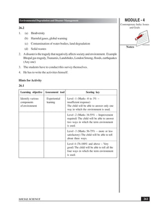 MODULE - 4
Contemporary India: Issues
and Goals
261
Environmental Degradation and Disaster Management
SOCIAL SCIENCE
Notes
26.2
1. (a) Biodiversity
(b) Harmful gases, global warning
(c) Contamination of water bodies, land degradation
(d) Solid wastes
2. Adisasteristhetragedythatnegativelyaffectssocietyandenvironment. Example
Bhopalgastragedy,Tsunamis,Landshides,LondonSmong,floods,earthquakes
(Any one)
3. The students have to conduct this survey themselves.
4. He has to write the activities himself.
Hints forActivity
26.1
Learning objective Assessment tool Scoring key
Identify various Experiential Level -1 (Marks -0 to 3% –
components learning insufficient response)
of environment The child will be able to answer only one
way in which the environment is used.
Level -2 (Marks 34-55% – Improvement
required) The child will be able to answer
two ways in which the term environment
is used.
Level -3 (Marks 56-75% – more or less
satisfactory) The child will be able to tell
about three ways.
Level 4 (76-100% and above – Very
good) The child will be able to tell all the
four ways in which the term environment
is used.
 