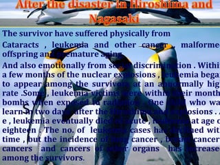 The survivor have suffered physically from
Cataracts , leukemia and other cancer , malformed
offspring and premature aging
And also emotionally from social discrimination . Within
a few months of the nuclear explosions , leukemia began
to appear among the survivors at an abnormally high
rate .Some , leukemia victims were within their month
bombs when exposed to radiation . One child who wa
learn in two days after the Hiroshima and explosions . A
e , leukemia eventually died of acute , leukemia at age o
eighteen . The no. of leukemia cases has declined with
time , but the incidence of lung cancer , breast cancer
cancers and cancers of other organs has increased
among the survivors.
 