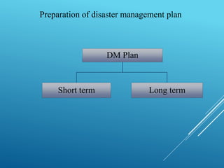 Preparation of disaster management plan
DM Plan
Short term Long term
 