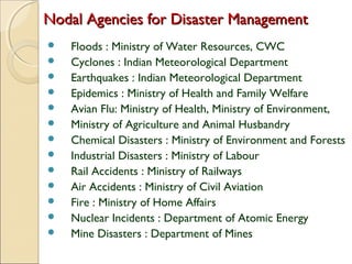 Nodal Agencies for Disaster Management














Floods : Ministry of Water Resources, CWC
Cyclones : Indian Meteorological Department
Earthquakes : Indian Meteorological Department
Epidemics : Ministry of Health and Family Welfare
Avian Flu: Ministry of Health, Ministry of Environment,
Ministry of Agriculture and Animal Husbandry
Chemical Disasters : Ministry of Environment and Forests
Industrial Disasters : Ministry of Labour
Rail Accidents : Ministry of Railways
Air Accidents : Ministry of Civil Aviation
Fire : Ministry of Home Affairs
Nuclear Incidents : Department of Atomic Energy
Mine Disasters : Department of Mines

 