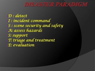 ₰D : detect
₰I : incident command
₰S : scene security and safety
₰A: assess hazards
₰S: support
₰T: triage and treatment
₰E: evaluation
 
