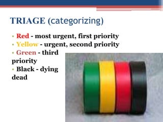 TRIAGE (categorizing)
• Red - most urgent, first priority
• Yellow - urgent, second priority
• Green - third
priority
• Black - dying
dead
 