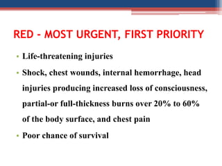 RED - MOST URGENT, FIRST PRIORITY
• Life-threatening injuries
• Shock, chest wounds, internal hemorrhage, head
injuries producing increased loss of consciousness,
partial-or full-thickness burns over 20% to 60%
of the body surface, and chest pain
• Poor chance of survival
 