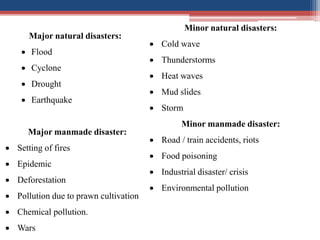 Major natural disasters:
 Flood
 Cyclone
 Drought
 Earthquake
Minor natural disasters:
 Cold wave
 Thunderstorms
 Heat waves
 Mud slides
 Storm
Major manmade disaster:
 Setting of fires
 Epidemic
 Deforestation
 Pollution due to prawn cultivation
 Chemical pollution.
 Wars
Minor manmade disaster:
 Road / train accidents, riots
 Food poisoning
 Industrial disaster/ crisis
 Environmental pollution
 