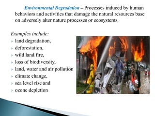 Environmental Degradation – Processes induced by human
behaviors and activities that damage the natural resources base
on adversely alter nature processes or ecosystems
Examples include:
 land degradation,
 deforestation,
 wild land fire,
 loss of biodiversity,
 land, water and air pollution
 climate change,
 sea level rise and
 ozone depletion
 