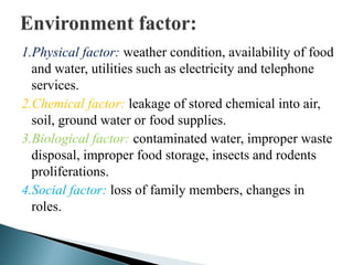 1.Physical factor: weather condition, availability of food
and water, utilities such as electricity and telephone
services.
2.Chemical factor: leakage of stored chemical into air,
soil, ground water or food supplies.
3.Biological factor: contaminated water, improper waste
disposal, improper food storage, insects and rodents
proliferations.
4.Social factor: loss of family members, changes in
roles.
 