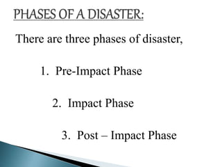 There are three phases of disaster,
1. Pre-Impact Phase
2. Impact Phase
3. Post – Impact Phase
 