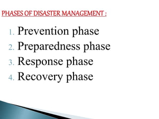 1. Prevention phase
2. Preparedness phase
3. Response phase
4. Recovery phase
 