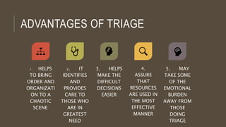 ADVANTAGES OF TRIAGE
1. HELPS
TO BRING
ORDER AND
ORGANIZATI
ON TO A
CHAOTIC
SCENE.
2. IT
IDENTIFIES
AND
PROVIDES
CARE TO
THOSE WHO
ARE IN
GREATEST
NEED
3. HELPS
MAKE THE
DIFFICULT
DECISIONS
EASIER
4.
ASSURE
THAT
RESOURCES
ARE USED IN
THE MOST
EFFECTIVE
MANNER
5. MAY
TAKE SOME
OF THE
EMOTIONAL
BURDEN
AWAY FROM
THOSE
DOING
TRIAGE
 