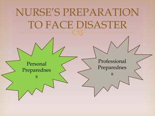 
NURSE’S PREPARATION
TO FACE DISASTER
Personal
Preparednes
s
Professional
Preparednes
s
 